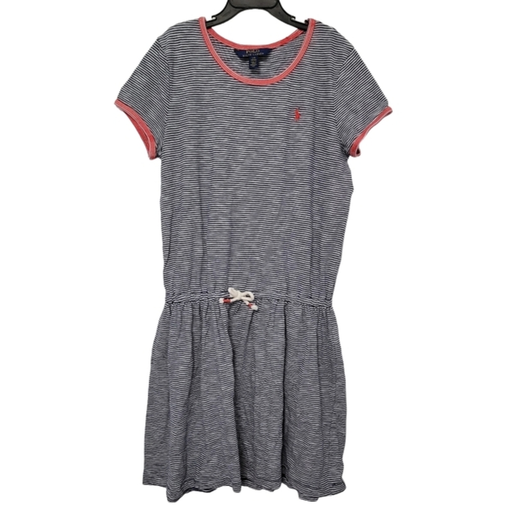 Polo Ralph Lauren Girls Striped Drop Waist Dress Size Large 12-14 Navy Red White